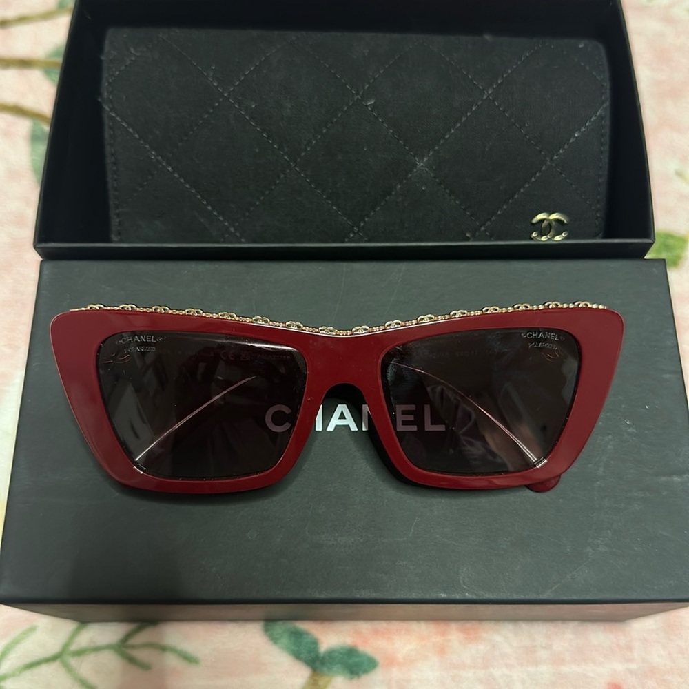 Chanel 5540 Butterly Burgundy Sunglasses with Gold Chain Accent